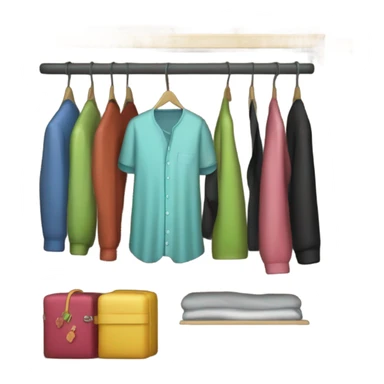 Design an emoji-style icon of an open wardrobe with clothes hanging inside. Include details like a wooden frame, hangers, and only black or white different clothing items such as shirts or any other clothing . Use a clean and minimalistic design. sticker