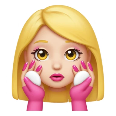 Cute shy emoji with long lashes, big pouty lips, pink nails, black background, same style as original emoji, not human sticker