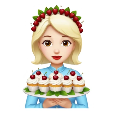 Beautiful woman with bouquet of flowers and lush white cakes with icing and cherries emoji style sticker