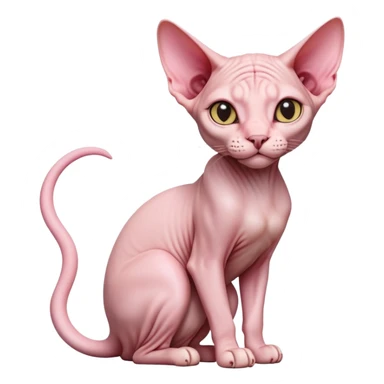 cinematic-[sphynx cat]-realistic-full-body-sitting-emoji,-tail-curled-playfully-around-its-paws,-head-tilted-dramatically,-sleek-[pink]-skin,-simplified-yet-realistic-focused-features,-highly-detailed,-glowing-with-an-almost-sarcastic-glow sticker
