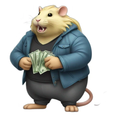 Angry fat Rat standing up with long blond hair holding money sticker