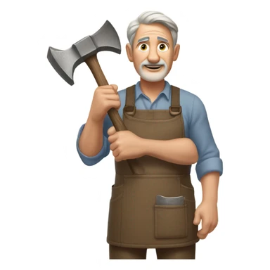 "A older man with rough hands, short light brown hair, and a friendly, naive expression. He wears a work apron over simple clothes and holds a hammer or wood in a rustic workshop." sticker