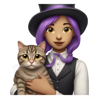 portrait of girl with purple hair wearing a top hat holding a sleepy tabby cat sticker