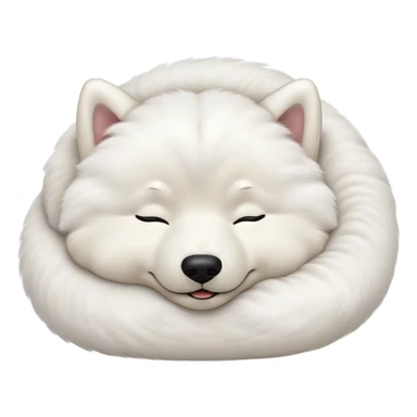 Meme-Worthy Cute Sleeping Samoyed Portrait Emoji, Head resting peacefully with a contented smile, showcasing a delightfully fluffy build and a luxuriously soft pure white Fur, eyes shut in a serene nap, Simplified yet hilariously adorable features, highly detailed, glowing with a soft, drowsy light, high shine, relaxed and utterly lovable, stylized with an air of playful laziness, bright and heartwarming, soft glowing outline, capturing the essence of a comically sleepy companion, so meme-worthy it feels like it could instantly become the next viral sensation of adorable slumber! sticker