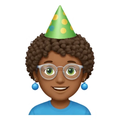 A boy with curly brown hair and green eyes with a happy face, and wear square glasses.He’s also got a full silver birthday party hat on his head with blue pom poms on top of it, and his T-shirt is all black, he wears a little gold circle earrings on his left  sticker