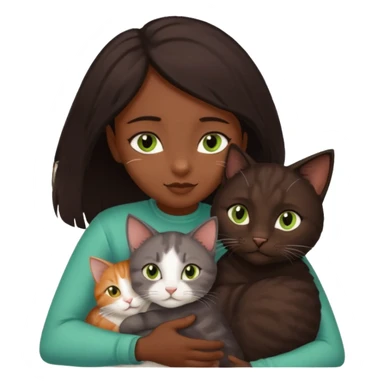 Crea un emoji donde salga un chico moreno con los ojos claros, una chica morena con los ojos marrones y SOLO UN gato europeo comun de pelaje oscuro y ojos verde claro, quiero que se esten abrazando y el gato este en el medio de los dos sticker