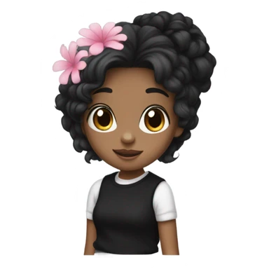 A girl and she is wearing a black sweater with a white tank top and has black hair blue eyes and has a pink flower on her head sticker