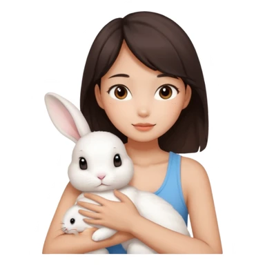 A young Asian woman with dark brown, almost Asian girl with dark brown hair, brown eyes, light Asian skin, add soft makeup and dress in tank top and hugging a one white rabbit with light brown spots, soft and warm atmosphere.
  sticker