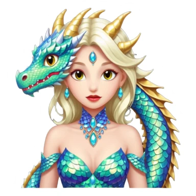 Am amazing blend of a half dragon woman with glittering jeweled scales covering her body. She has large almond shaped eyes, lush lips, and she wears a stunning luminescent gown. sticker
