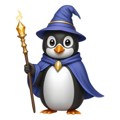 Penguin wearing wizard hat and robe holding a magic wand sticker