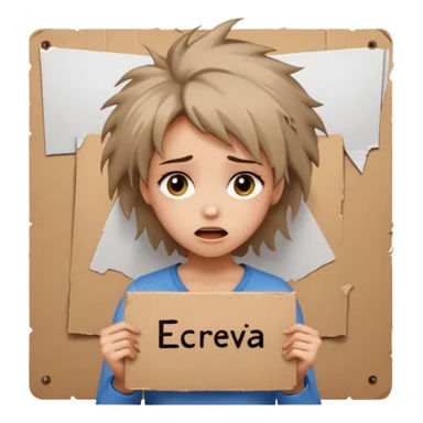 Sad realistic emoji of a young woman with messy hair, holding a cardboard sign that says "ESCREVA-SE", emotional begging expression, cinematic lighting, shallow depth of field, soft blurred background, high detail, viral social media style sticker