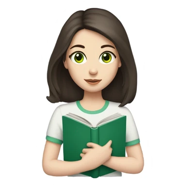 Girl with green eyes, shoulder length dark brown hair, pale skin, reading a book  sticker