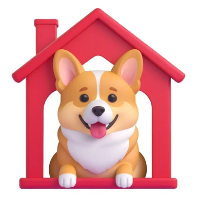 red dog house with a Corgi dog inside, Corgi peeking out, semi-realistic with emoji-like face and proportions sticker