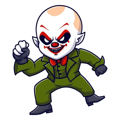 evil clown warrior, bald, small black satan-like horns on forehead, fangs, pointed ears, black and military green leisure suit with bellbottom pants, realistically proportioned, less bulky, full body, battle-ready fighting posture sticker