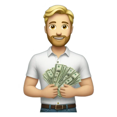 white male with small beard holding stacks of money smart casual shirt sticker