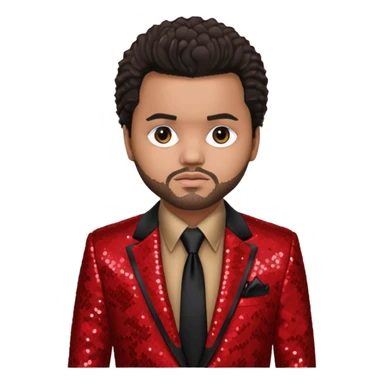The Weeknd with dark brown hair, red sequin suit jacket, black shirt with tie sticker