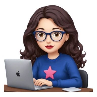 a white young woman with very long wavy dark brown/chocolate hair typing in a computer. she's using glasses, her lips are light red and her cheeks slightly pink. Her eyes are dark brown. She's using a dark blue knit sweater that has a tiny star in the middle   sticker