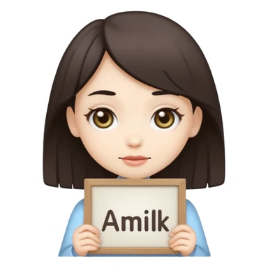 Chibi cult girl emoji, flat vector style, bold outline, holding a sign that says “AMILK” in clear capital letters, centered, simple background sticker