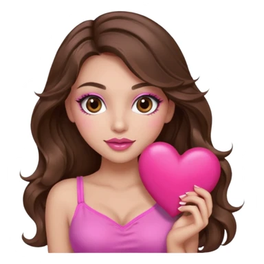 girl with long wavy brown hair, brown eyes, long lashes makeup, sexy pink lips, light to medium complexion, wearing a pink sexy top, holding a big heart sticker
