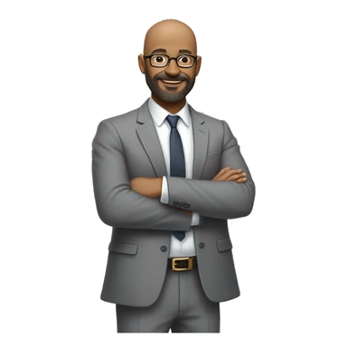 A middle-aged man with glasses, beard, and bald head, wearing a gray suit jacket and white shirt, standing confidently with hands clasped, smiling against a plain, neutral background sticker
