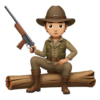 male hunter sitting on a log with gun, alert expression sticker