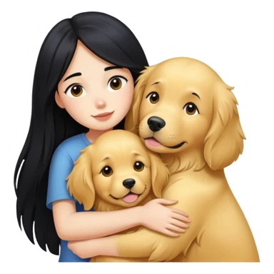 A girl with long black  hair tightly hugged a Golden Retriever sticker