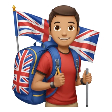 A guy with a hiking backpack and a Union Jack on his T-shirt holds the Union Jack. sticker