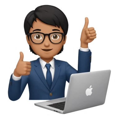 un estudiante con lentes y su laptop CON TERNO Y CABELLO NEGRO,   DANDO LIKE sticker