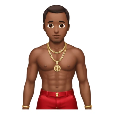 P Diddy with dark brown hair, metallic red pants, shirtless with necklace sticker