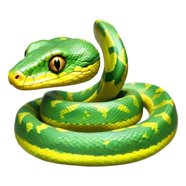 cinematic-green tree python-realistic-full-body-coiled-emoji,-thick-scaled-body-looped-tightly,-intricate-tellow and green-patterned-scales-reflecting-light,-head-tilted-dramatically,-cute-eyes-staring-calmly,-simplified-yet-realistic-focused-feature sticker