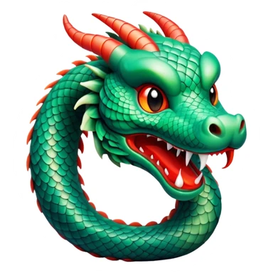 Cinematic Cute Chinese Serpent Dragon Portrait Emoji, Head tilted playfully and inquisitively, showcasing a slender, flowing body with vibrant jade scales and soft vermilion accents intertwined with whimsical wisps of cloud and water details; rendered with realistic finesse and warm natural light, high shine, charming and spirited, styled with a touch of mythic whimsy, soft glowing outline, capturing the essence of a mischievous yet endearing celestial dragon poised to weave magic into your dreams! sticker