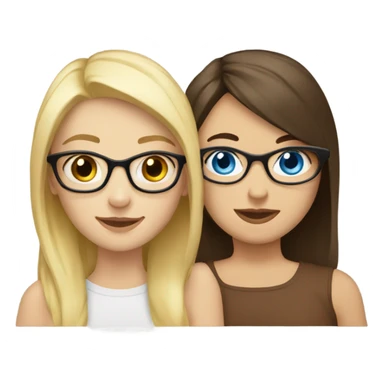 Blonde girl with blue eyes and glasses hugging brunette girl with brown eyes and no glasses both white sticker