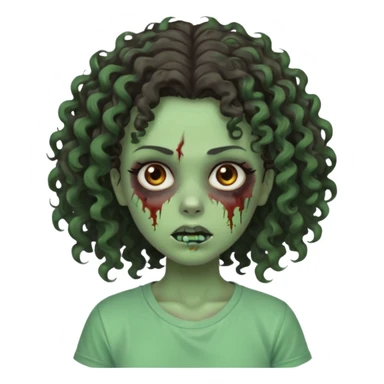zombie girl with curly hair n brown eyes, dark and long hair 3a with wavy scalp, just a tshirt sticker