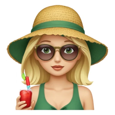 
blonde girl in dark green beach big hat adjusting sunglasses sticker