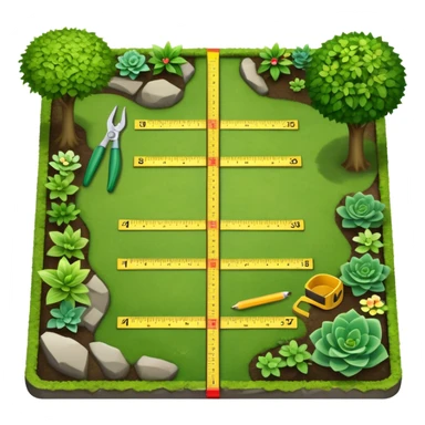Icon for Landscape Design: a garden layout with plants, trees, paths, and design tools like a ruler, pencil and measuring tape. The icon should represent creativity in outdoor space planning and gardening. Transparent background. sticker