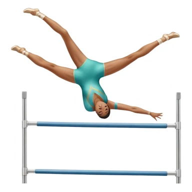 Professional gymnast performing a dynamic routine on parallel bars, captured mid-air in an elegant flip. The background features a well-lit gymnastics arena with a cheering audience. The athlete's posture and expression convey strength, control, and perfect coordination. sticker