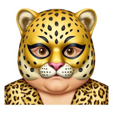 a fat old man, with a leopard suit,  wear half-face golden Leopard masquerade mask sticker