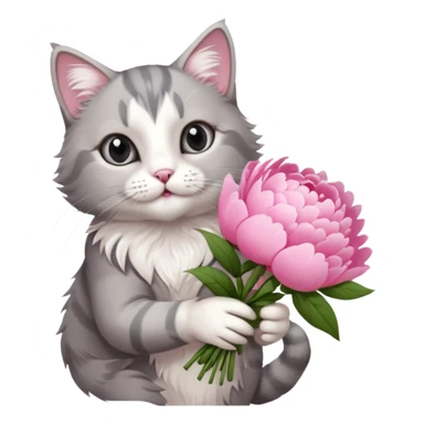 Cute cat Handing pink peonies like reaching a hand and handing them out a bouquet of them not a physical hand the cats hand  make the cat fluffy and grey and white fluffier make the cat wear a pink coquette sticker