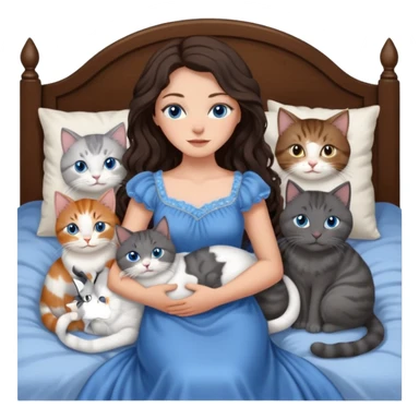 detailed realistic looking a dark grey and white cat regally laying with six other cats, cuddling with their owner in bed who is a pretty bratz lightly tanned white girl with long dark brown hair, blue eyes and gorgeous long wavy hair wearing a pretty detailed dress sticker