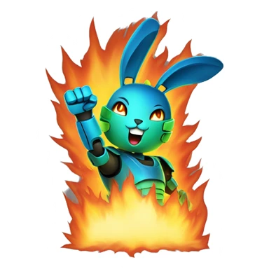 a blue and green robot rabbit has a fist in the air, in front of a large fire / flame explosion in the dark
 sticker