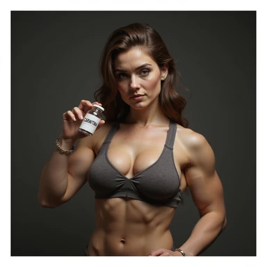 hyperrealistic female bodybuilder, holding a vial with a label 'CARNITINA' in large block letters, realistic details, 4k sticker
