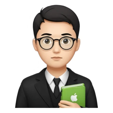 a asia white man guy his 26olds wearing an apple notebook, wearing bodyguard radio operator, round glasses, black clothes sticker