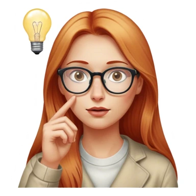 intelligent and clever, 30 year old, girl, long red and almost blond hair, glasses, has an idea, rubs her finger on the nose, light bulb over the head, casual cloth  sticker