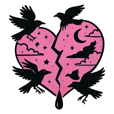 emo heart with pink night sky and dark ravens, remove background sticker
