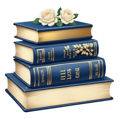 "A vintage-inspired book stack with deep blue covers, accompanied by delicate flowers and magical elements."
 sticker