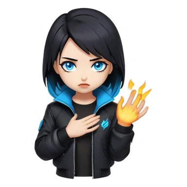 Black hair cyberpunk 2077 chibi girl with blazing blue eyes and black jacket. Hides her face in her hands shy sticker