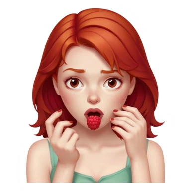 redhead girl with a displeased face eating raspberries sticker