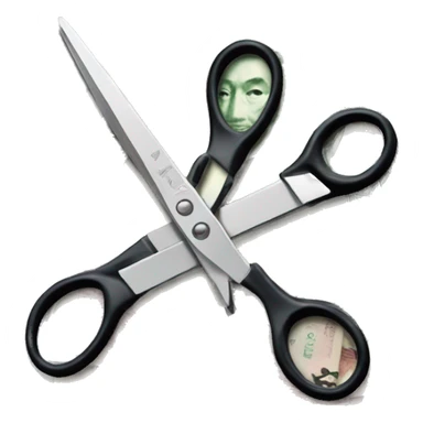 a pair of scissors cutting a Taiwanese banknote sticker