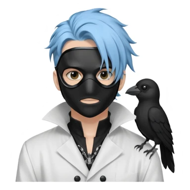 Handsome sexy adult anime man with light-blue hair and a black bird beak mask that covers whole face, black face mask, black mouth mask, black feathers draped over shoulder, wearing a white lab coat, long thin hair tendrils on the sides, with a mechanical raven sidekick sticker