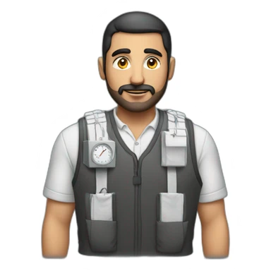 arab man in large bulky vest with electrical wires connecting pockets and a analog clock sticker